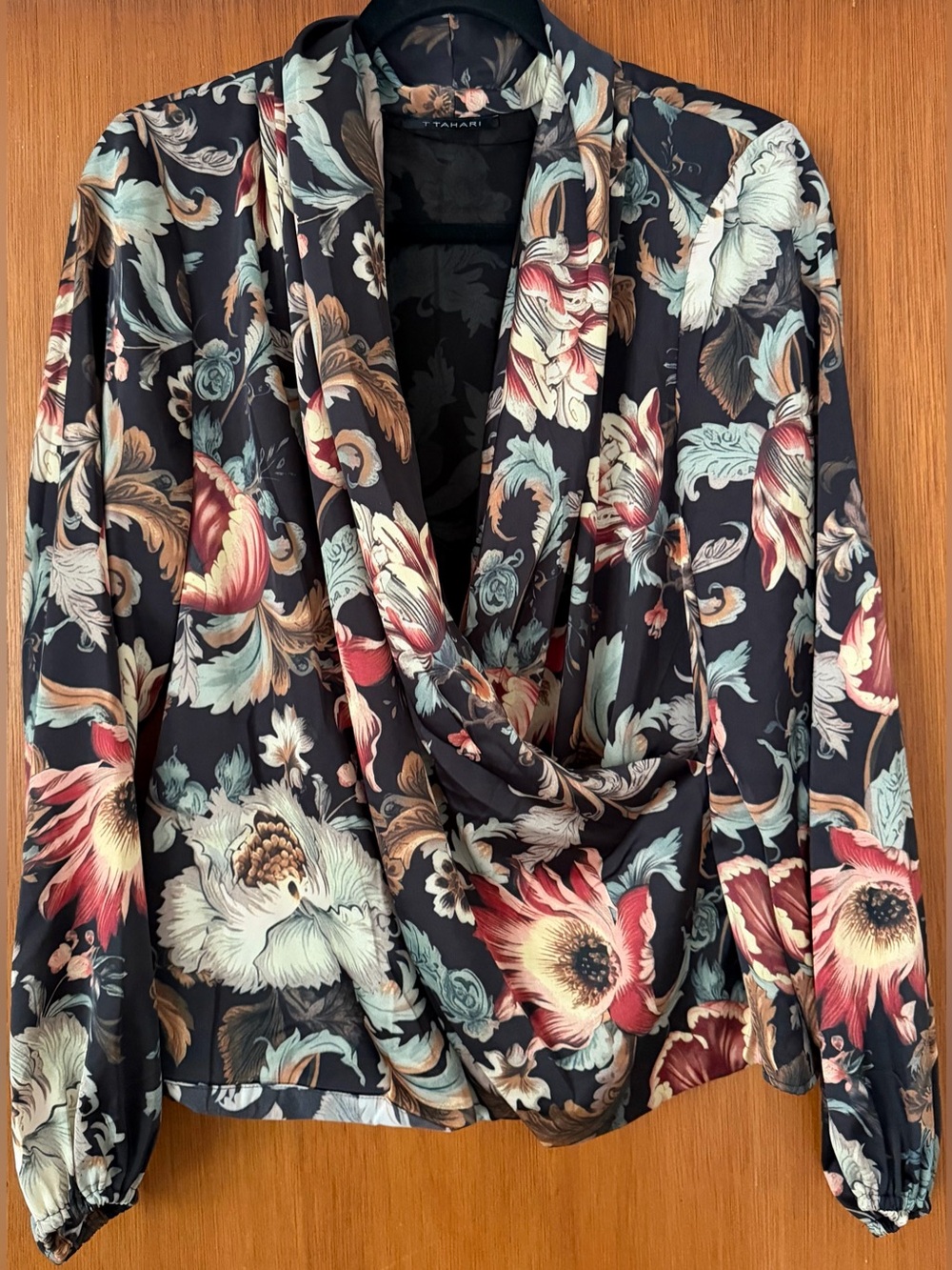 T Tahari Black Floral Draped Blouse with Multicolor Blooms